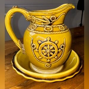 Vintage Glazed Ceramic Pitcher & Matching Bowl Nautical Ship Motif Made in Japan